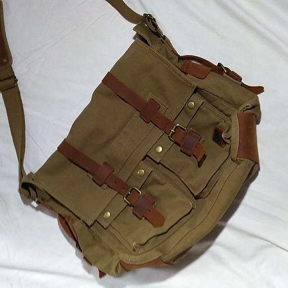 NEW S.C.Cotton Super Spacious Army Green Tan Canvas Leather Trim Messenger Bag - Picture 7 of 16